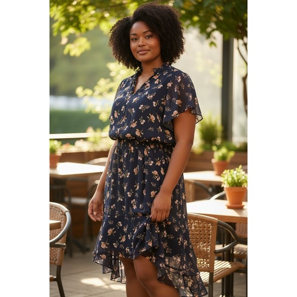 (H-232)1.STATE Floral Dress Size 0X Navy Blue Ruffle Hem Short‎ Sleeve boho - Picture 11 of 11